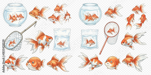 A collection of various goldfish illustrations, including fish in bowls, nets, and plastic bags, showcasing different breeds and swimming poses.