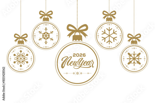 Elegant 2026 New Year greeting card with gold snowflake Christmas baubles and ribbon bows hanging on white background, minimalist festive holiday illustration ideal for seasonal invitations, banners a