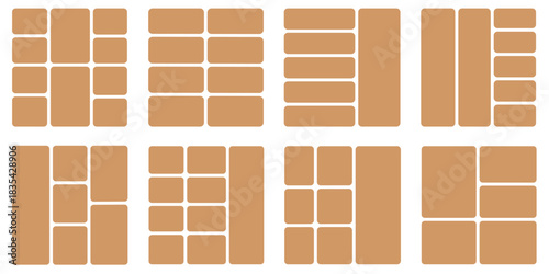 Bento grid vector square layouts. Geometric tiles pattern for photo collage, website layout, etc. Trendy tiling frames arrangements and presentation templates for social media