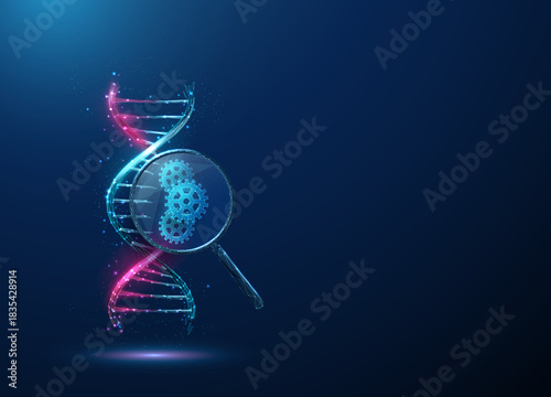 3d DNA under magnifying glass with gears inside. Genetic research, DNA analysis, molecular biology, scientific innovation, mechanized system concept.