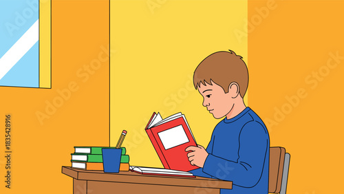 Boy engrossed in reading a book at his desk.