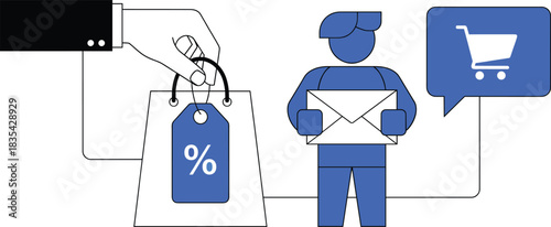 Digital marketing concept showing a hand presenting a shopping bag with a discount percentage tag to a customer holding an email, symbolizing promotions and engagement.
