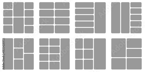 Image collage layout template. Beige mosaic mood board grid collection. Picture frame set. Photo album idea for banner, poster, comic page, flyer, brochure, booklet, memory wall design. Vector pack