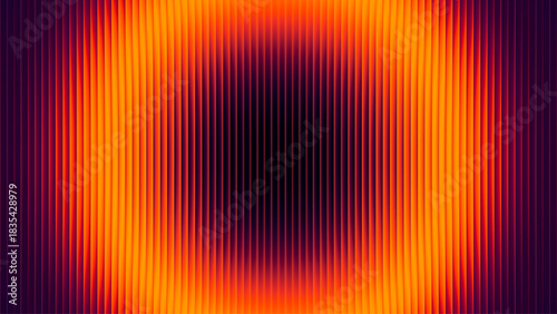 Vibrant glowing circular banner shines through vertical fractal glass. Rippled glass bends hot circular gradient light into rhythmic glowing lines with sense of depth and serenity for creative design