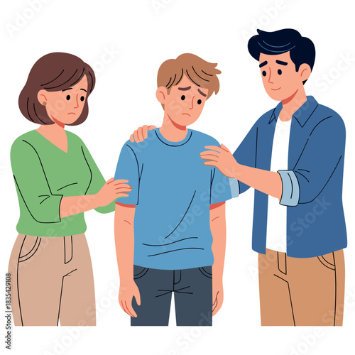 Supportive parents consoling sad teenage son