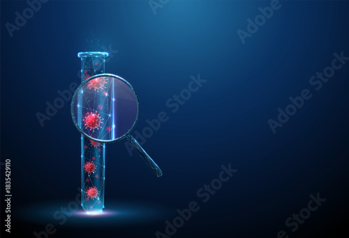 3d test tube with viruses inside under magnifying glass. Viral infection detection, pathogen analysis, biotechnology, medical research concept.