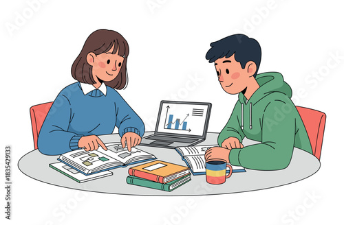 Two young adults studying together with books and laptop at a table