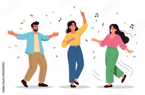 Young adults dancing and celebrating with joyful expressions and colorful confetti