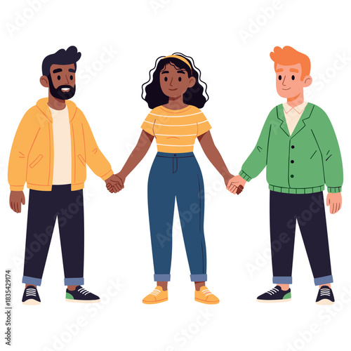 Diverse group of young friends holding hands in unity