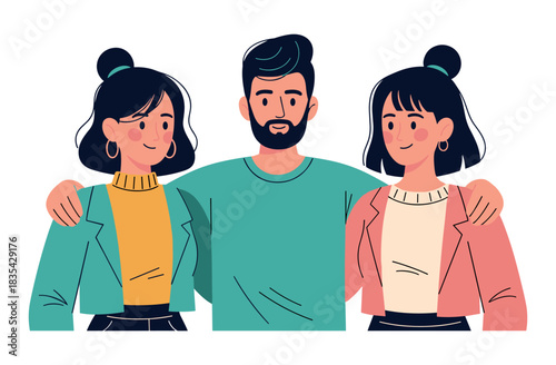 Cartoon illustration of young adults: two asian females and one caucasian male in casual outfits
