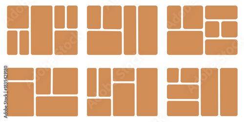 Image collage layout template. Beige mosaic mood board grid collection. Picture frame set. Photo album idea for banner, poster, comic page, flyer, brochure, booklet, memory wall design. Vector pack