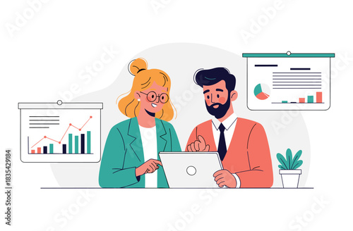 Young caucasian male and female analyzing business charts on laptop