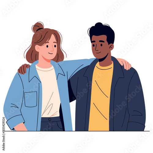 Young caucasian female and asian male friends embracing and smiling together