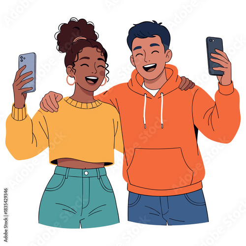 Happy young friends taking selfies – male asian and female african teens smiling