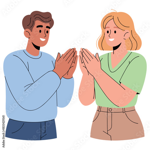 Young caucasian male and female friends clapping happily together