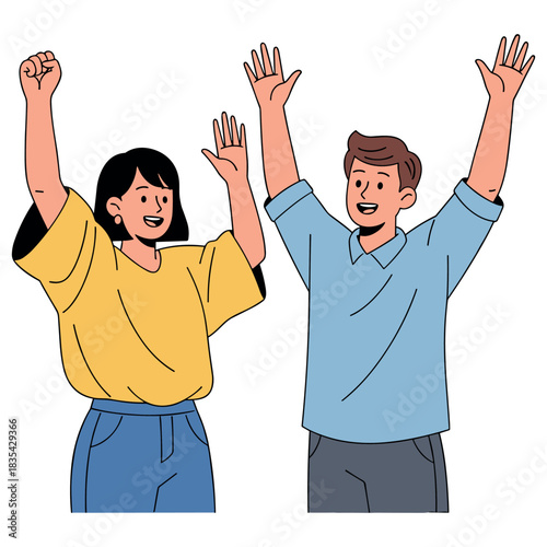 Happy asian female and caucasian male celebrating with raised arms