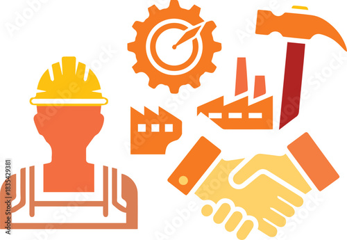Set of industrial and labor icons including worker, gear, factory, and handshake