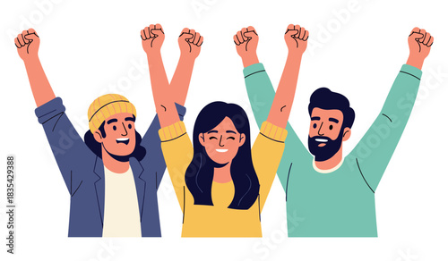 Cheerful group celebration with diverse young adults raising arms