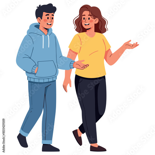 Young caucasian male and female friends walking and conversing happily in casual attire