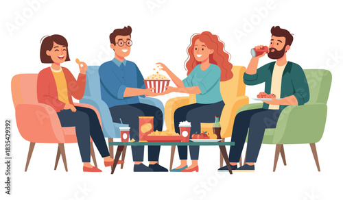 Diverse group of young adults enjoying snacks and drinks together