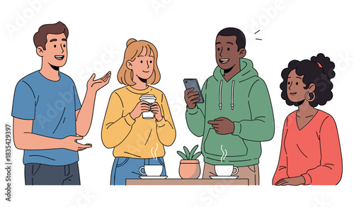 Diverse group of young adults socializing with coffee and smartphones