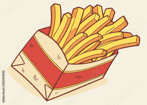 Delicious cartoon style french fries in a red and white paper container, perfect for fast food menus and social media marketing campaigns online