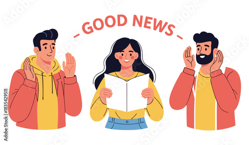 Happy young adults sharing good news with enthusiastic expressions