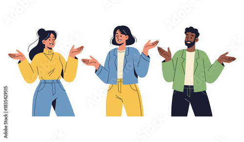 Diverse group of young adults gesturing happily in casual clothing