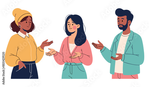 Diverse group discussion: hispanic female, asian female, african male, young adults engaged in conversation