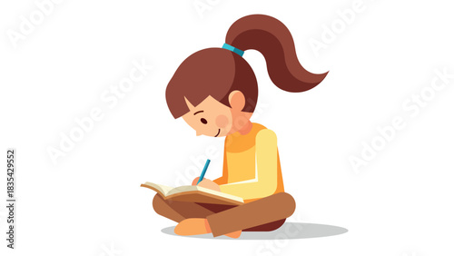 Girl sitting cross-legged writing in a notebook with a pencil.