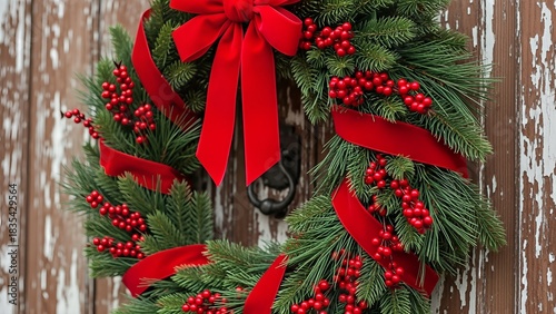 Festive Christmas wreath with a large red bow and berries hanging on a rustic wooden door.