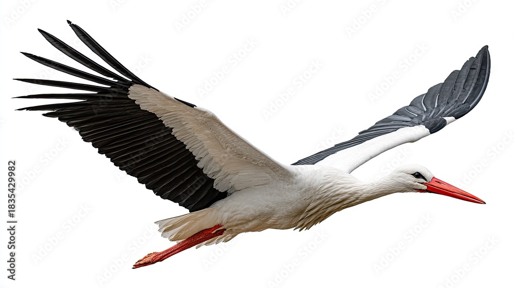 Fototapeta premium Large white bird with black flight feathers soars across a white background