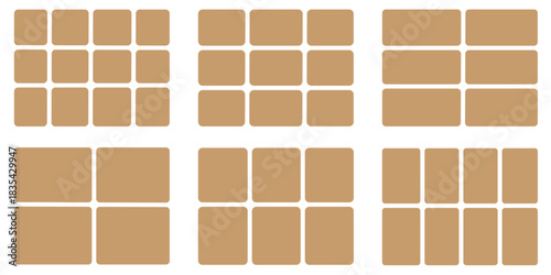 6 photo collage mockup frame. Image collage layout template set. Photo album or memory wall idea for banner, poster, mockup, flyer, brochure. Vector illustration