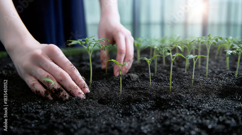 Hands of woman planting organic tomato seedlings in rich dark soil. Close-up of dirt-covered fingers, sunlight filtering through greenhouse panels.