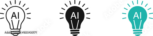 Graphic icon of a lightbulb illuminated by radiating lines and containing the letters 'AI', symbolizing artificial intelligence, smart ideas, innovation, and technological solutions.