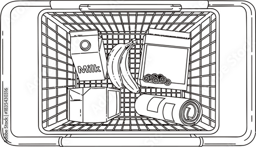 Shopping basket groceries food milk banana cereal can outline vector drawing 75