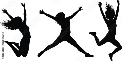 Three Dynamic Women Silhouettes Jumping with Joy, Female Figures with Arms Raised in Celebration, Vector Graphics Representing Freedom, Energy, Success, Happiness, and Excitement.