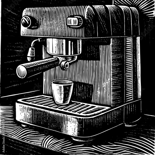 Black and white espresso machine with cup illustration
