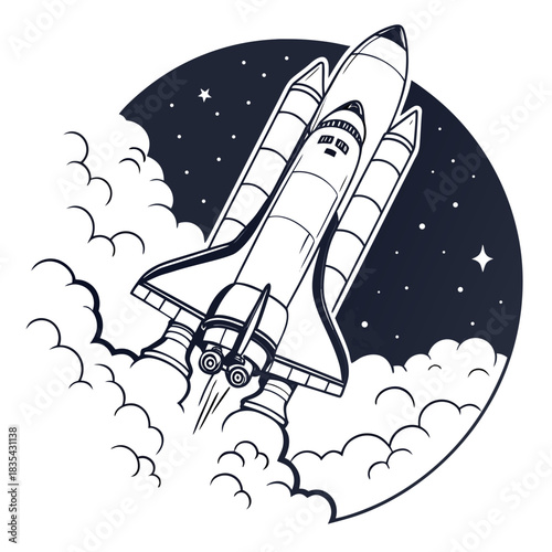 Space shuttle launching through clouds into starry night sky