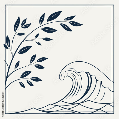 Stylized branch and ocean wave illustration