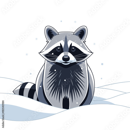 Raccoon sitting in snow surrounded by winter landscape  