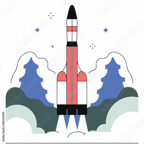 Stylized rocket launch with abstract landscape and stars