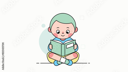 Boy engrossed in reading a book while sitting cross-legged.