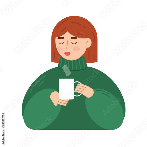 Girl in warm and cozy knitted sweater holds cup of tea or coffee. Flat style character for card, poster, flyer, banner