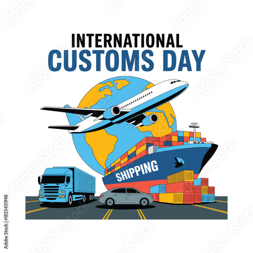 Passenger airplane flying in the sky for travel and transport illustration. INTERNATIONAL CUSTOMS DAY