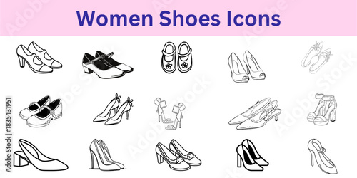 Women's Fashion Footwear Vector Icons: E-commerce Symbols for Pumps, Heels, and Ballet Flats