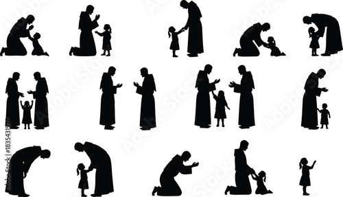Collection of black silhouette figures showing a monk or priest giving spiritual guidance to a small girl, religious praying, kneeling, simple vector design, devotion, father and child.