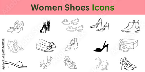 Women's Fashion Footwear Vector Icons: E-commerce Symbols for Pumps, Heels, and Ballet Flats