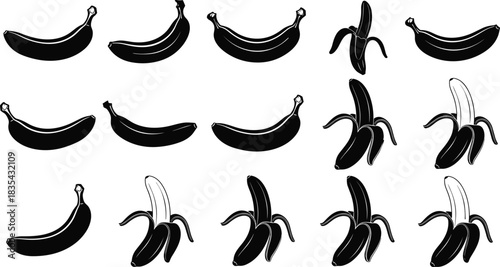 Collection of fifteen black silhouette banana icons, whole and peeled bananas, ripe tropical fruit vector set, healthy eating, natural food, graphic element, simple, organic, minimal design.