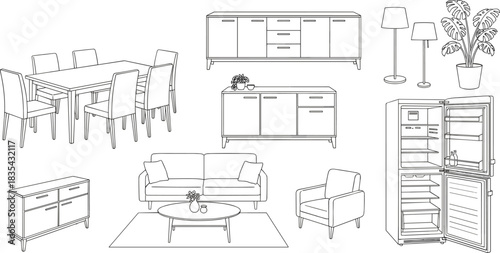 Collection of detailed home furniture and appliance line art, dining table, chairs, sofa, coffee table, cupboard, fridge, floor lamp, houseplant, black vector outline drawing.
